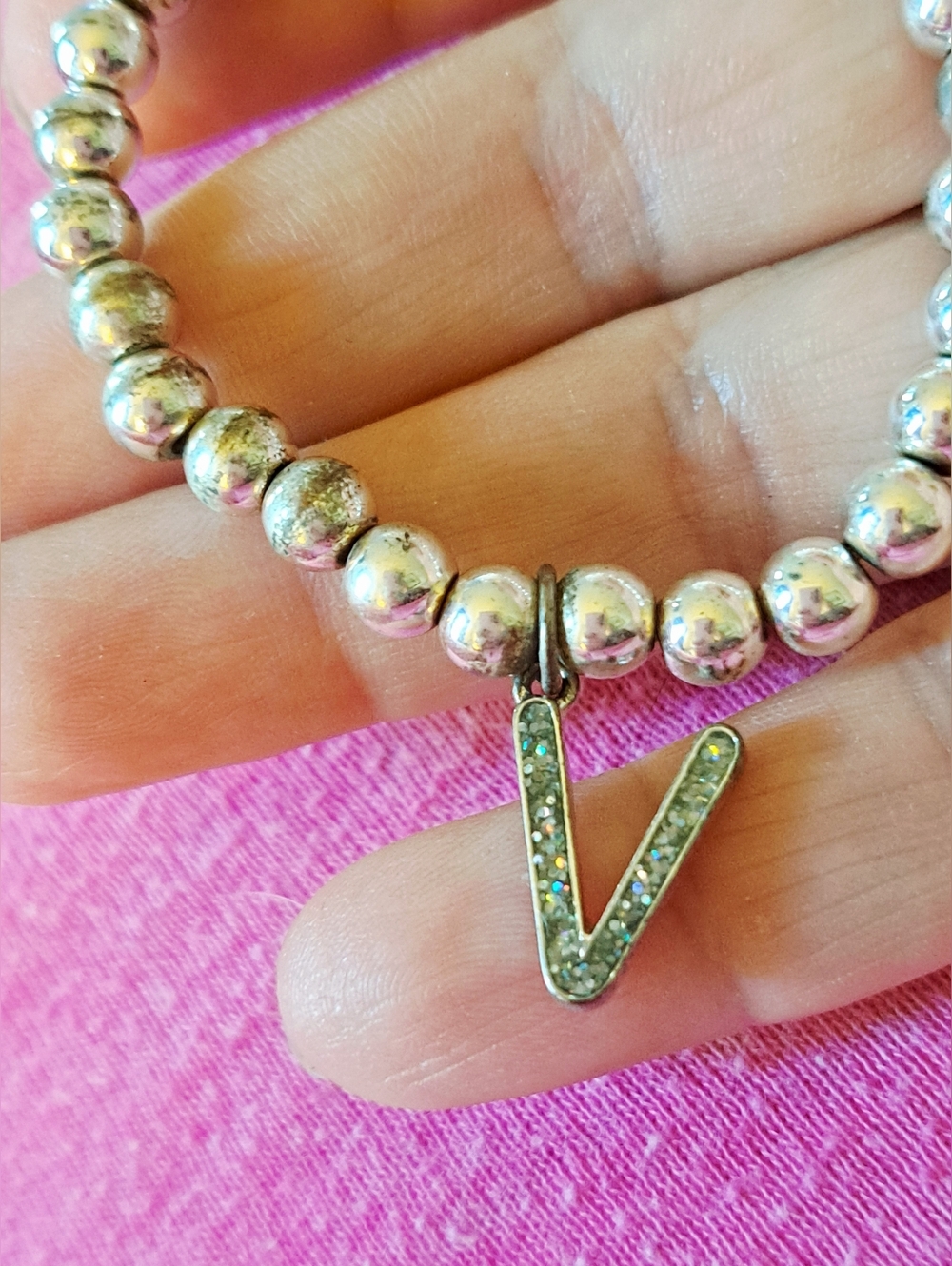 Child's Silver Beaded Bracelet with V Charm